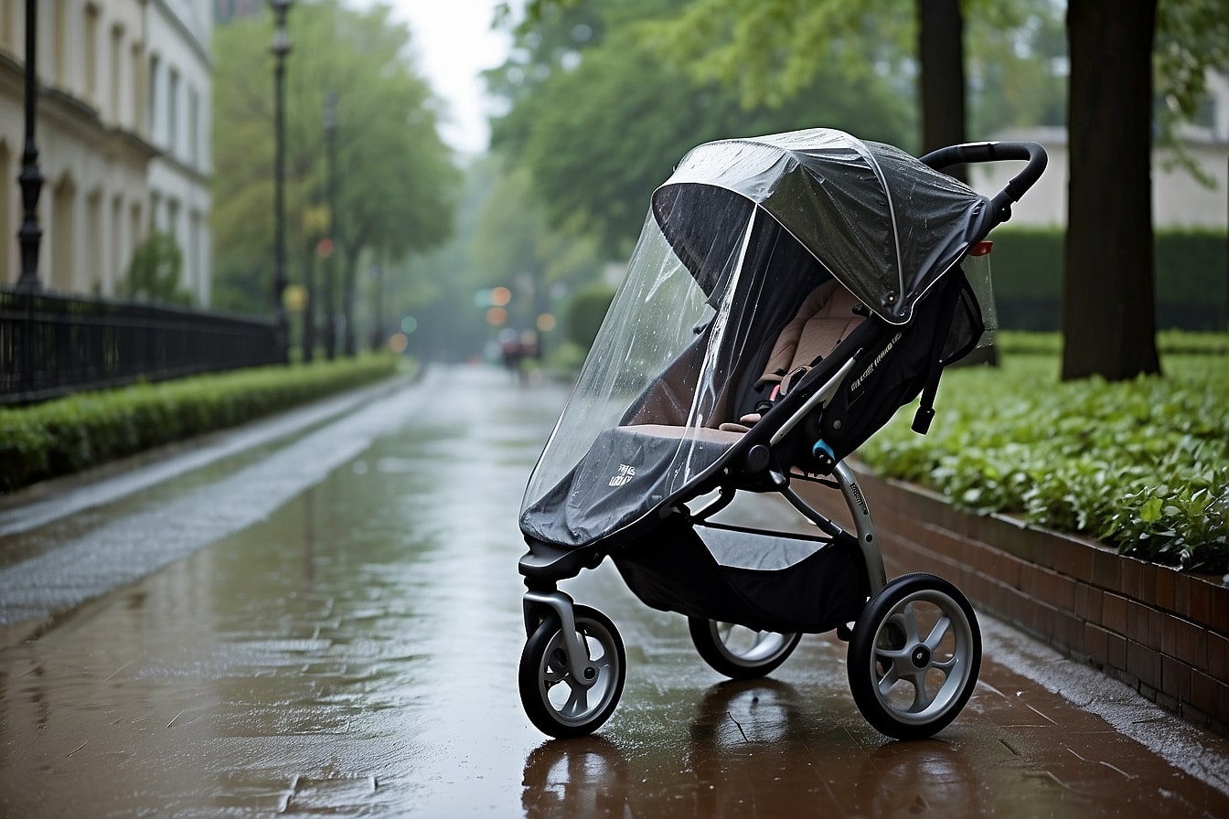 Kinderwagen met regenhoes in de regen